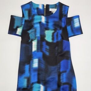Calvin‎ Klein Women's Dress Size 6 Blue Black Abstract Print Cold Shoulder Below